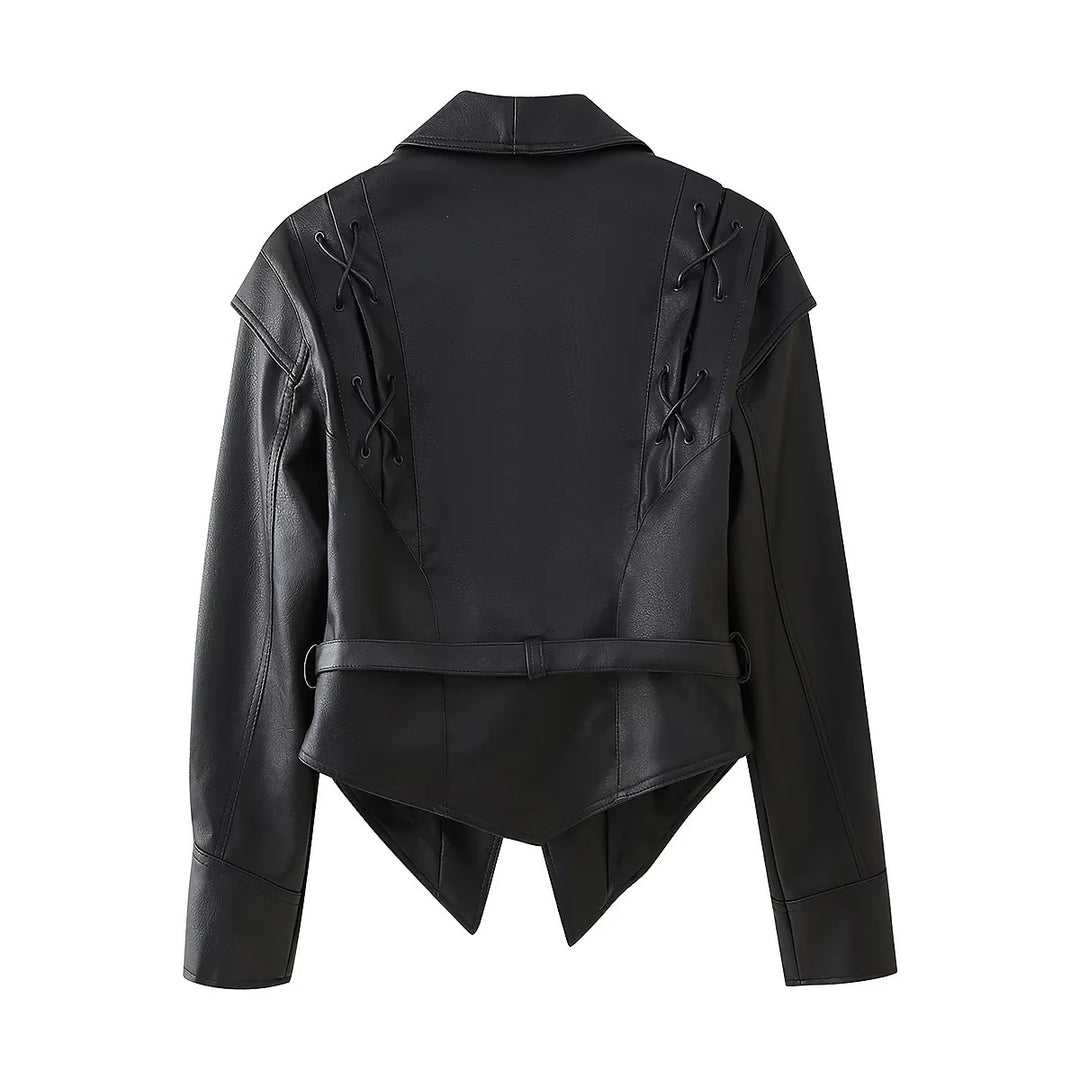 Damen nan taillierter Cropped‑Blouson aus veganem Leder mit Schalkragen, Schnürdetail und Bindegürtel Drune