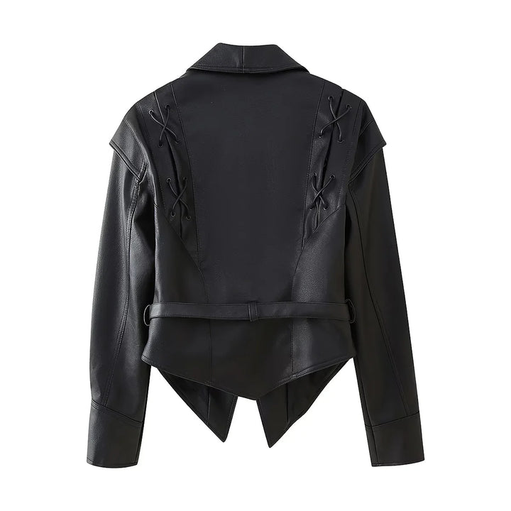 Damen nan taillierter Cropped‑Blouson aus veganem Leder mit Schalkragen, Schnürdetail und Bindegürtel Drune