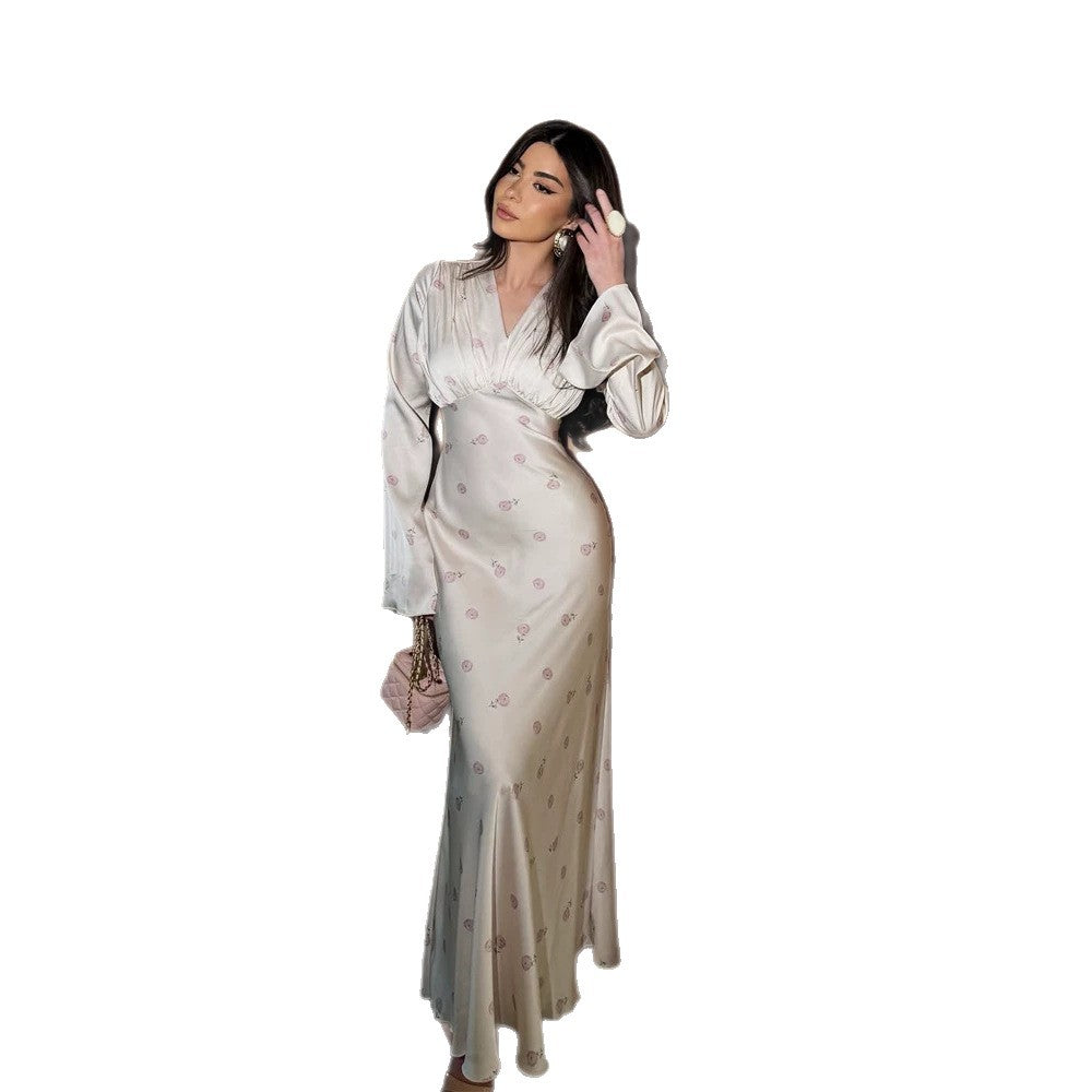 Damen Satinabendkleid mit Empire-Taille, V-Ausschnitt und zartem Blumenprint Drune