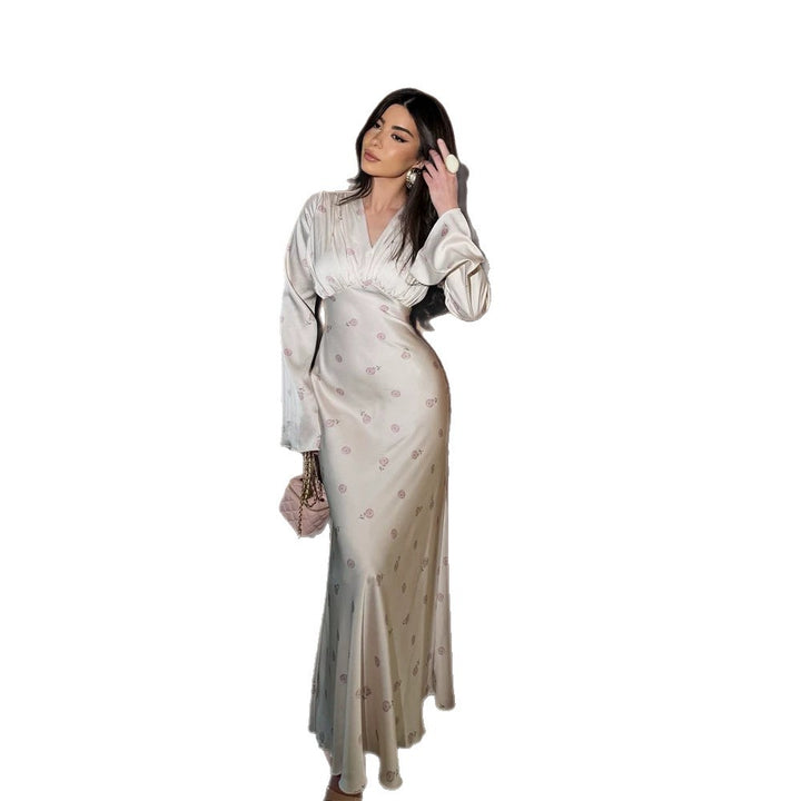Damen Satinabendkleid mit Empire-Taille, V-Ausschnitt und zartem Blumenprint Drune