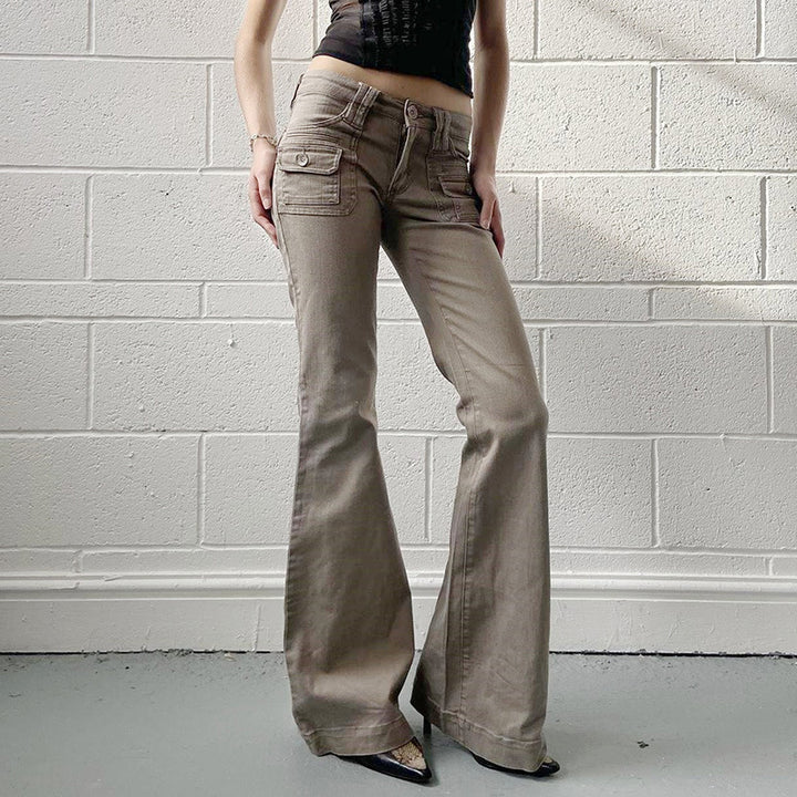 Damen High‑Waist Cargo‑Flaréhose mit weitem Schlag und aufgesetzten Taschen Drune