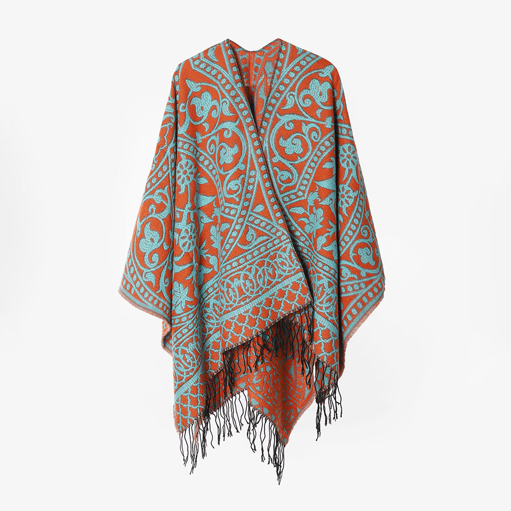 Damen Jacquard-Cape-Überwurf aus Wollmix mit Paisley-Jacquard und Fransensaum Drune