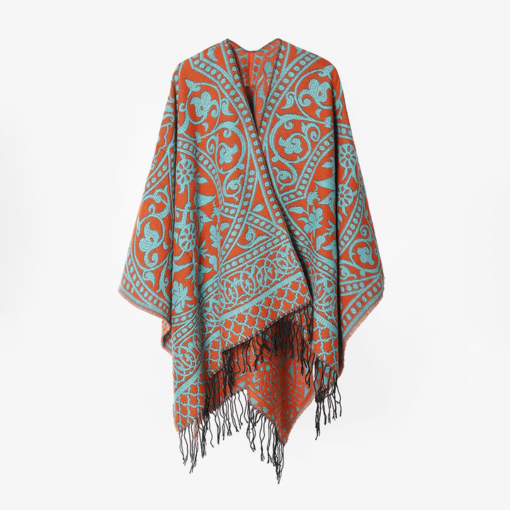 Damen Jacquard-Cape-Überwurf aus Wollmix mit Paisley-Jacquard und Fransensaum Drune
