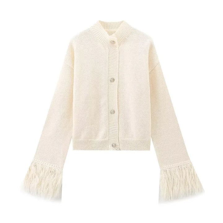 Damen 300+ Cropped Strickjacke mit Fransenärmeln und Perlenknopfleiste Drune