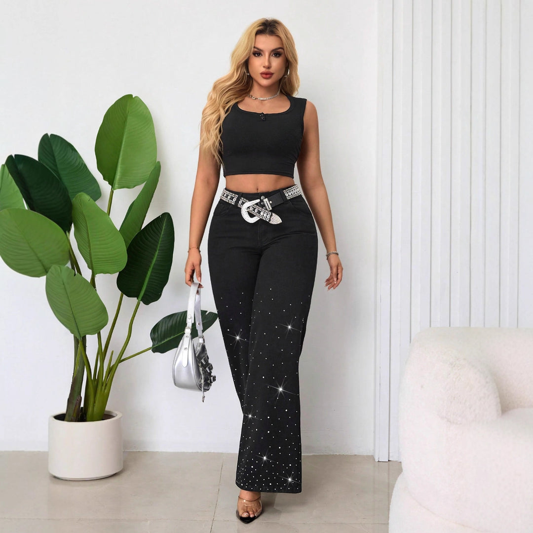 Damen High-Waist Jeans mit funkelndem Strassbesatz und weitem Schnitt Drune