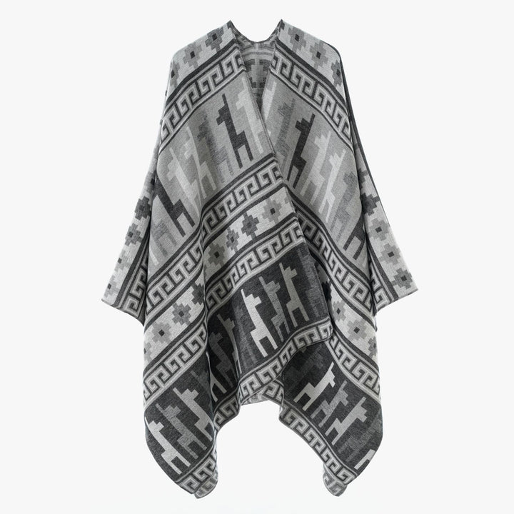 Damen Cape-Überwurf aus Jacquard-Strick mit Tier- und Ethno-Motiv Drune