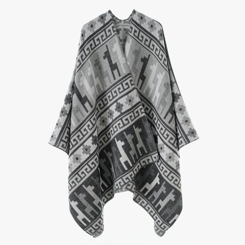 Damen Cape-Überwurf aus Jacquard-Strick mit Tier- und Ethno-Motiv Drune