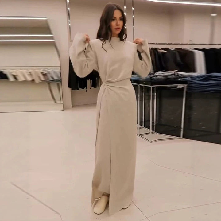 Damen Maxikleid mit taillierter Silhouette, ausgestelltem Rock und markanten Schultern Drune