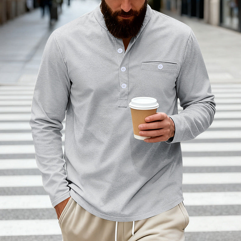 Herren nan langärmeliges Henley-Shirt mit Stehkragen, Brusttasche und dekorativer Knopfleiste Drune