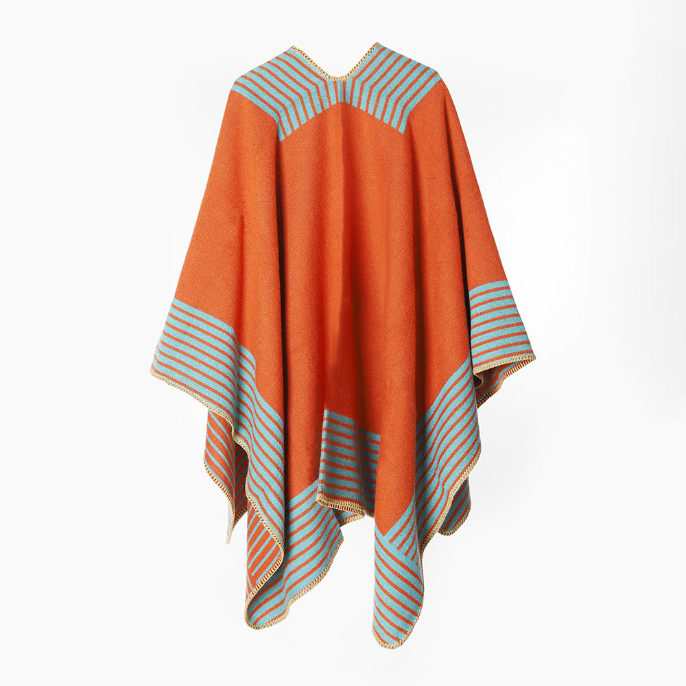 Damen Oversize‑Poncho im Cape‑Stil aus Wollmix mit diagonalen Streifen und Ziernaht Drune