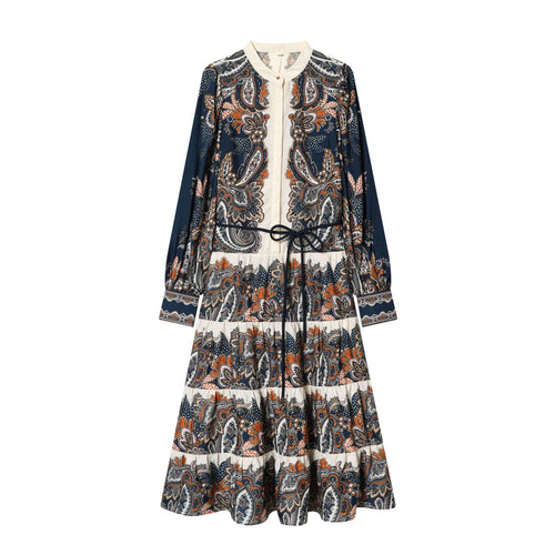 Damen nan fließendes Maxikleid mit Paisley-Muster, Taillenzug, Stehkragen und Stufenrock Drune