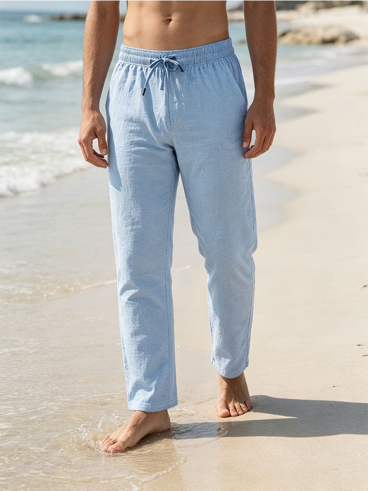 Herren Leichte Leinen-Baumwoll-Hose mit Tunnelzug, elastischem Bund und geradem Schnitt Drune