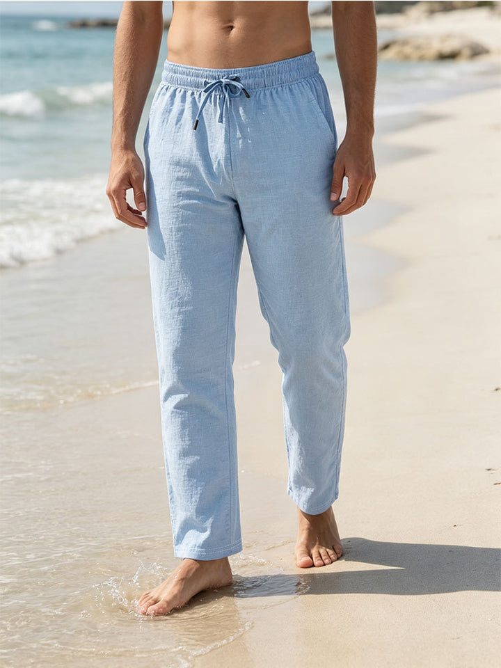 Herren Leichte Leinen-Baumwoll-Hose mit Tunnelzug, elastischem Bund und geradem Schnitt Drune