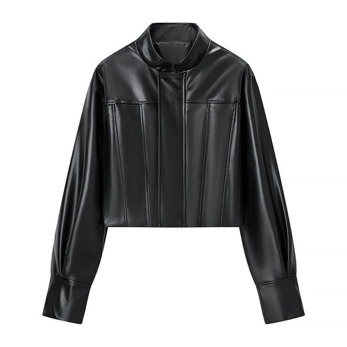 Damen Gekürzte Boxy-Kunstlederjacke mit Stehkragen und konstruktiven Teilungsnähten Drune
