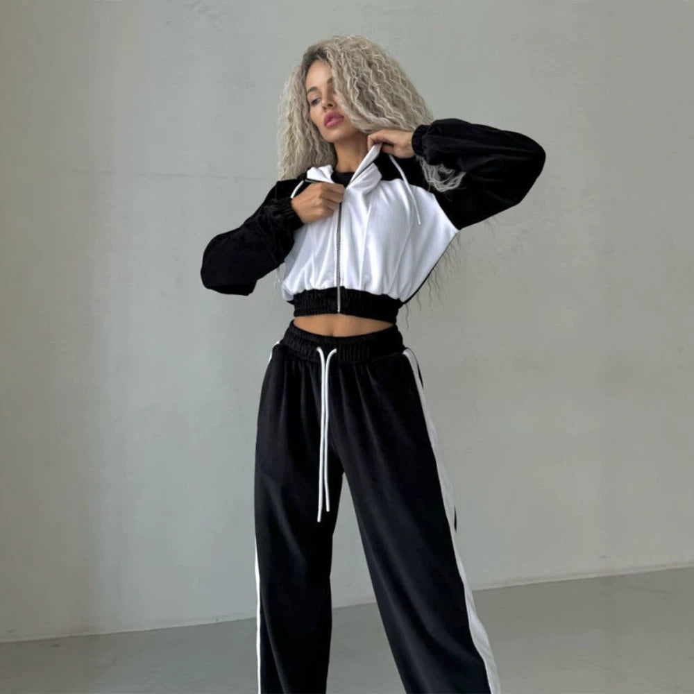 Damen kurz geschnittenes Samt-Trainingsset mit tailliertem Reißverschluss-Hoodie und weit geschnittener hochtaillierter Loungehose Drune