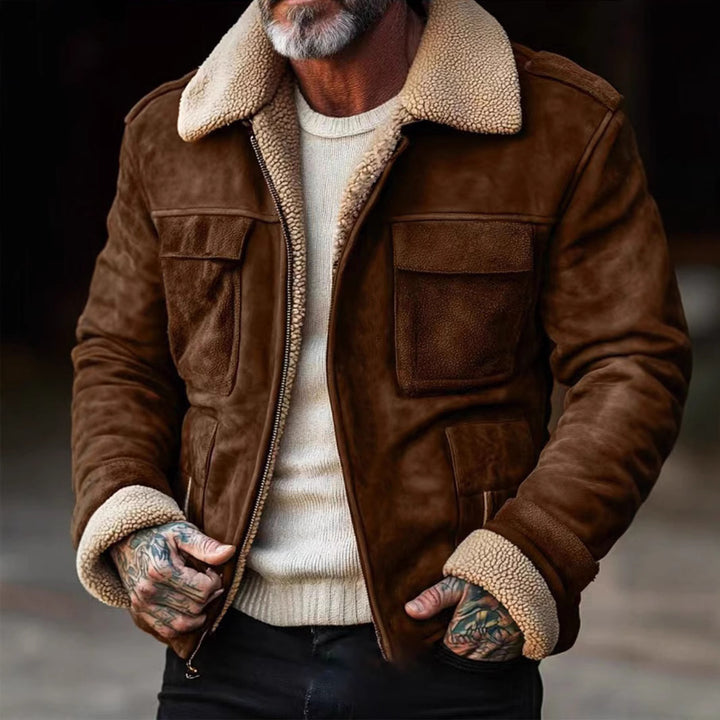 Herren nan Aviator-Lederjacke mit Lammfellimitat-Futter, aufgesetzten Brusttaschen und Reißverschluss Drune