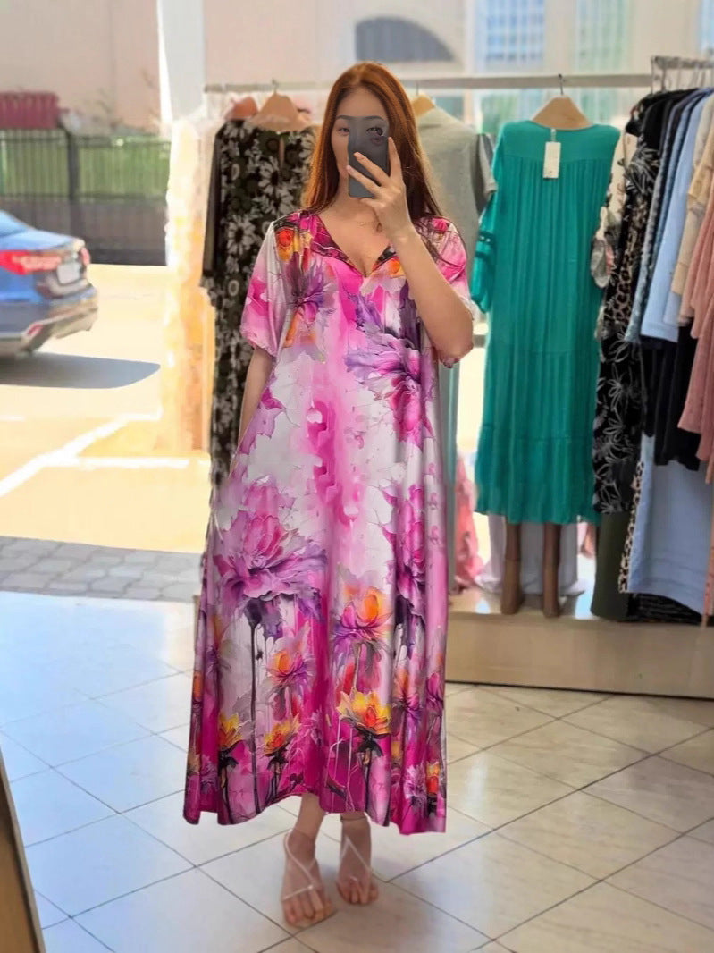 Damen nan fließendes Maxi-Kaftankleid mit V-Ausschnitt und großflächigem Aquarell-Blumenprint Drune