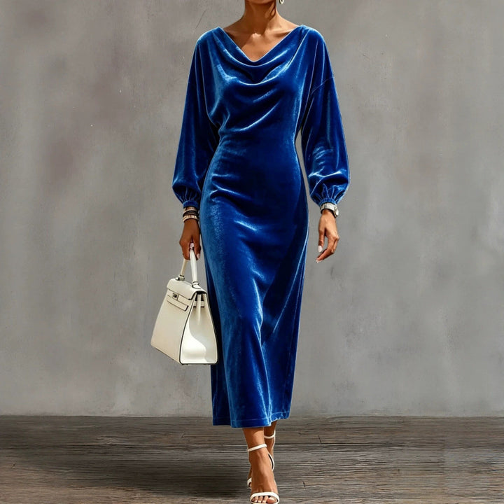 Damen Midikleid aus Samt mit drapiertem Wasserfallkragen und Ballonärmeln Drune