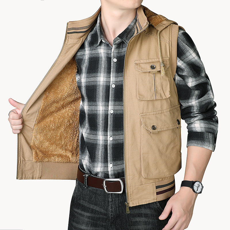 Herren Utility-Weste mit Kapuze, Teddyfutter und Multifachtaschen Drune