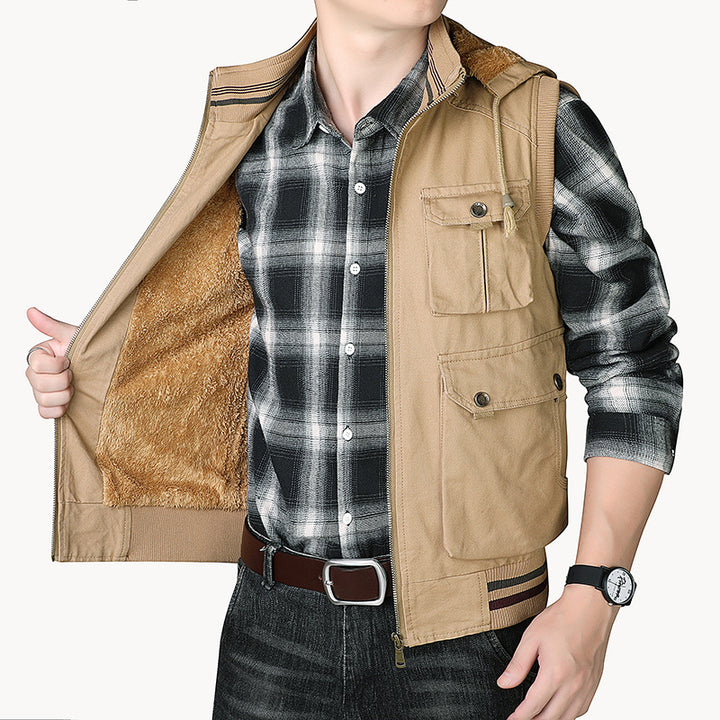 Herren Utility-Weste mit Kapuze, Teddyfutter und Multifachtaschen Drune
