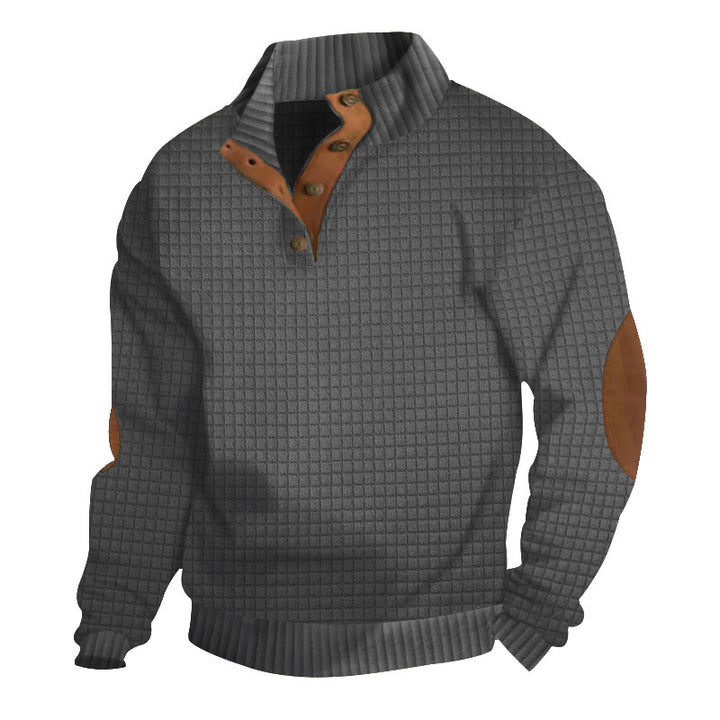Herren Strukturiertes Waffelstrick-Henleypullover mit Lederbesatz & Ellbogenpatches Drune
