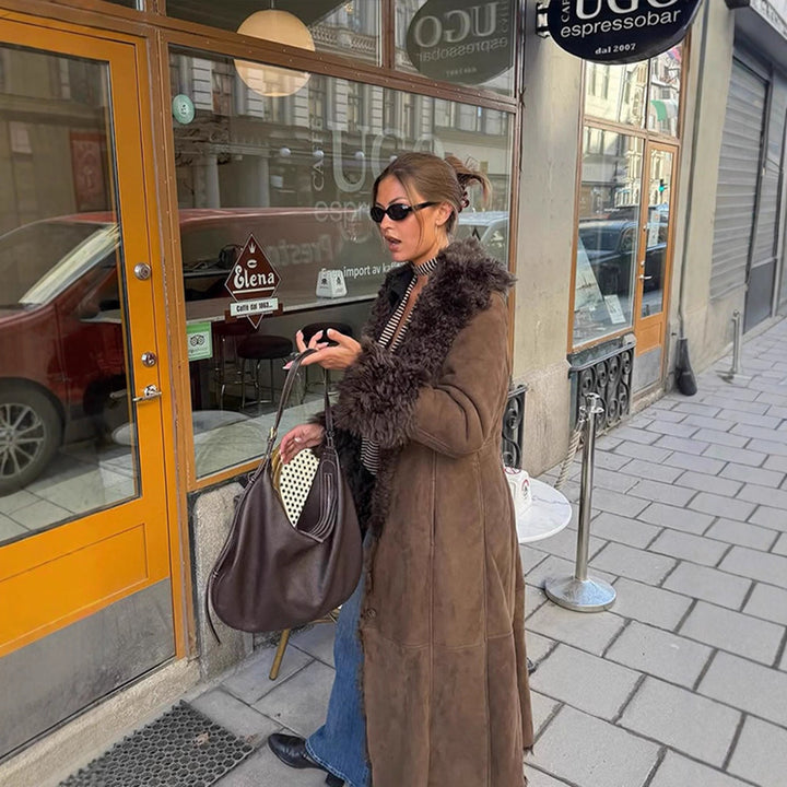 Damen Maxilanger Kunstvelours-Mantel im Shearling-Stil mit Schalkragen und Knopfleiste Drune