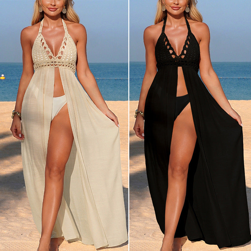 Damen Häkel-Strandüberwurf mit tiefem V-Ausschnitt und eleganter geschlitzt Konstruktion Drune