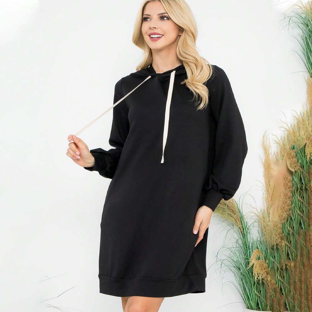 Damen Kapuzen‑Sweatkleid mit Ballonärmeln, Kordelzug und lässiger Oversize‑Passform Drune