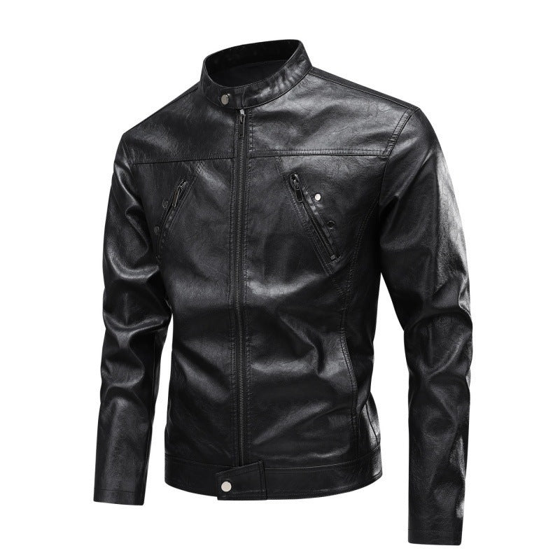 Herren Modische Kunstlederjacke mit hoch geschlossenem Kragen Drune