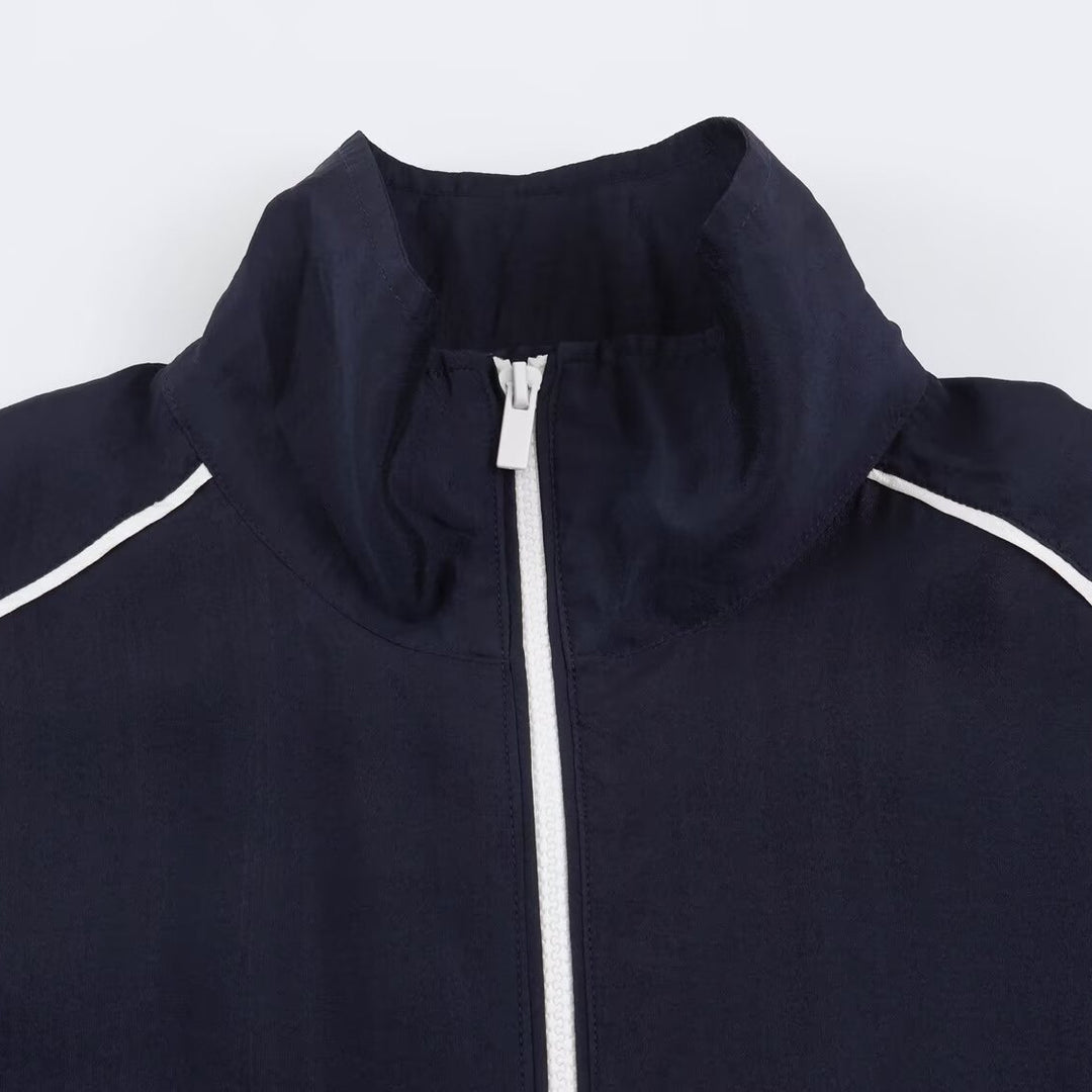 Damen Cropped Windbreaker-Jacke mit hohem Funnelkragen, Kontrastpaspel und elastischem Saum Drune