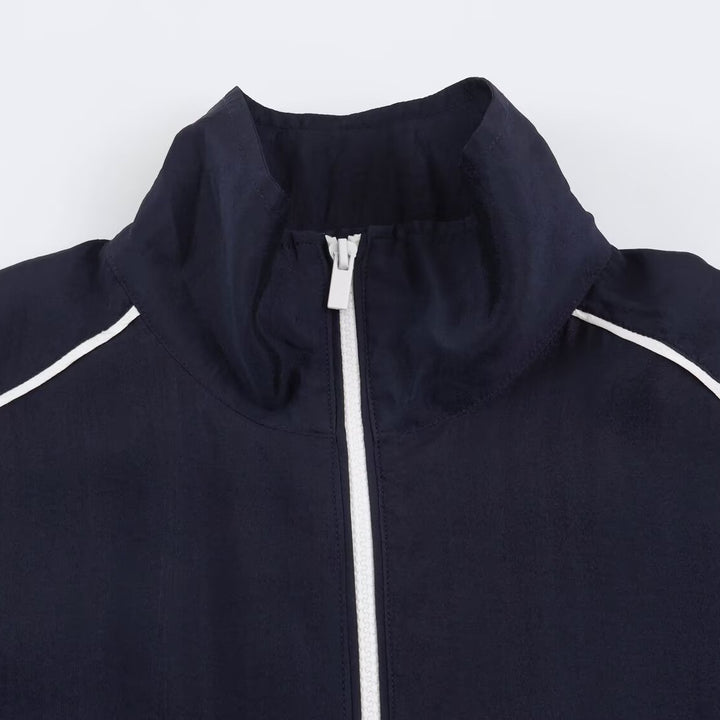 Damen Cropped Windbreaker-Jacke mit hohem Funnelkragen, Kontrastpaspel und elastischem Saum Drune