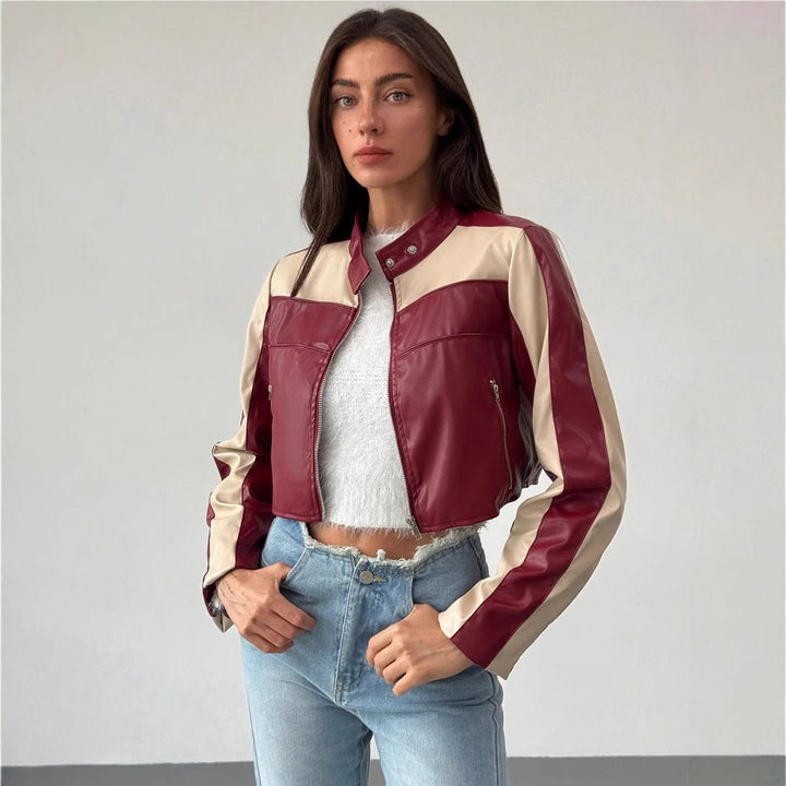 Damen cropped Kunstlederjacke mit kontrastierenden Einsätzen Drune