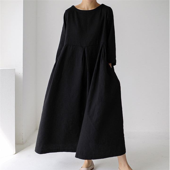 Damen Maxikleid aus Leinenmix mit geraffter Hüftpasse, seitlichen Eingrifftaschen und weitem Tellerrock Drune