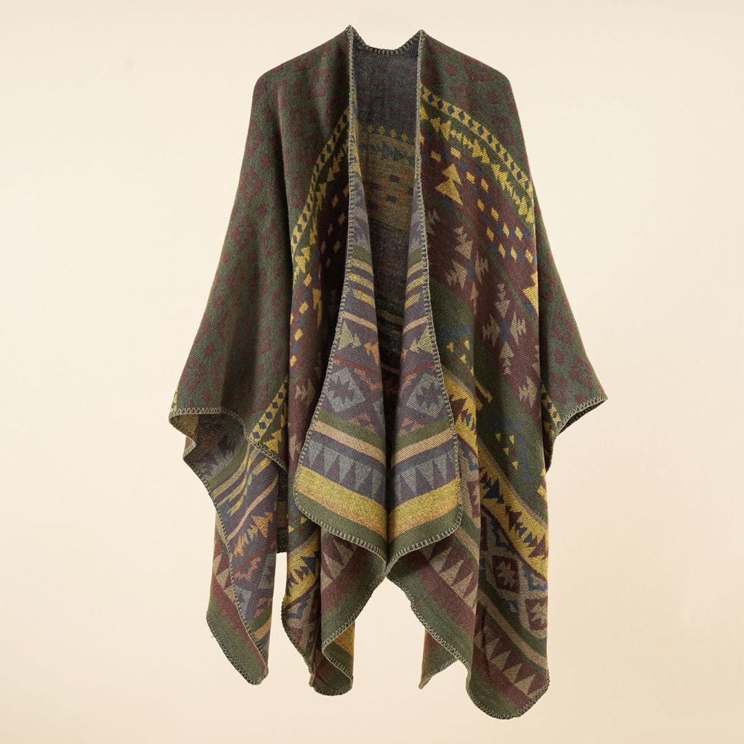 Damen Oversize Strickponcho mit Ethno-Geometrischem Muster Drune