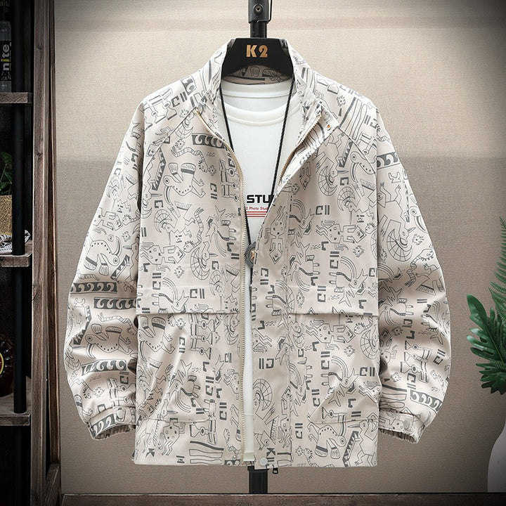 Herren leichte Overshirt-Utility-Jacke mit Allover-Print, Stehkragen & verdecktem Reißverschluss Drune