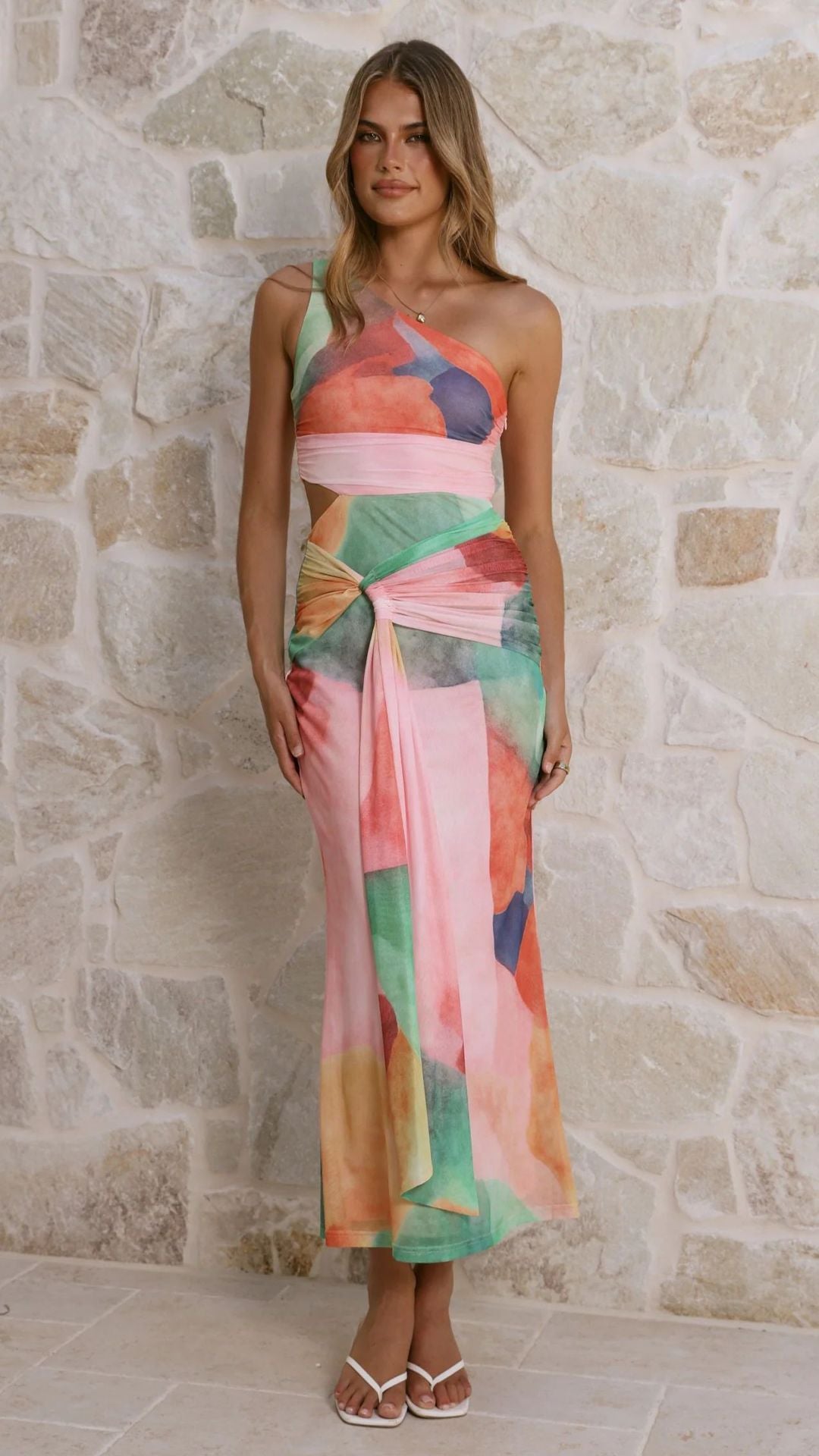 Damen Wickel-Maxikleid mit asymmetrischem Träger und floralen Akzenten Drune