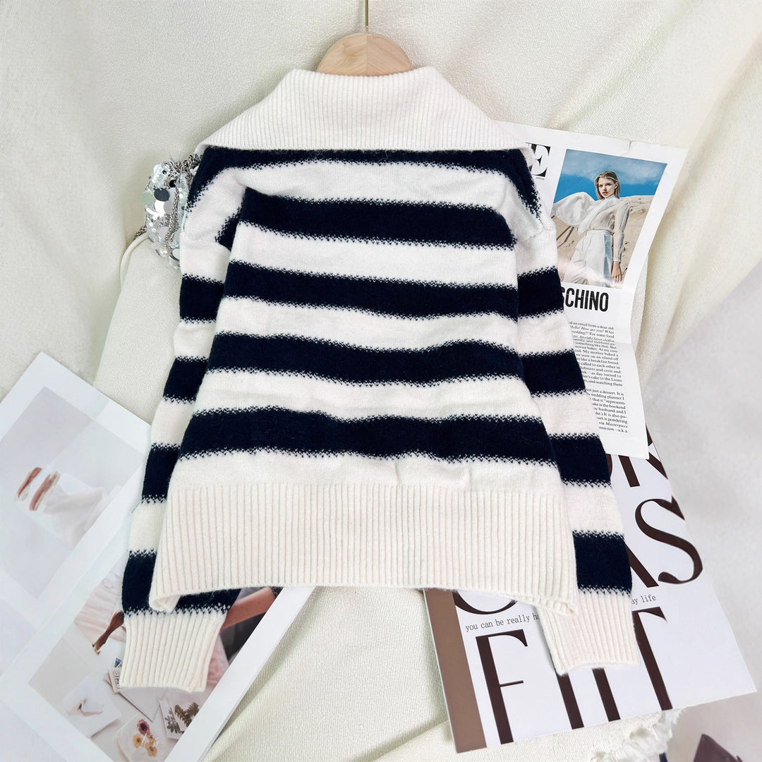 Damen gestreifter Pullover mit modernem Polokragen und elastischem Bund Drune