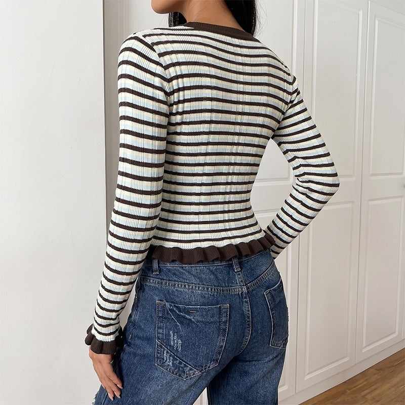 Damen Elegantes gestreiftes Crop-Top mit Rüschendetails Drune