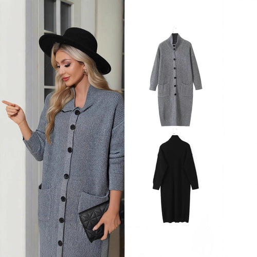 Damen Langer Grobstrick-Cardigan mit Schalkragen, Knopfleiste und aufgesetzten Taschen Drune