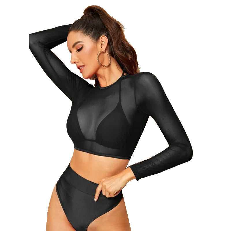 Damen Sport-Bikini-Set mit Langarm-Oberteil und Hoher Taille Drune