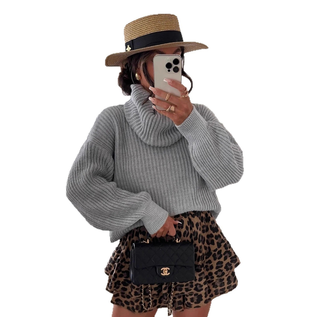 Damen Strickpullover mit hohem Kragen und voluminösen Ärmeln Drune