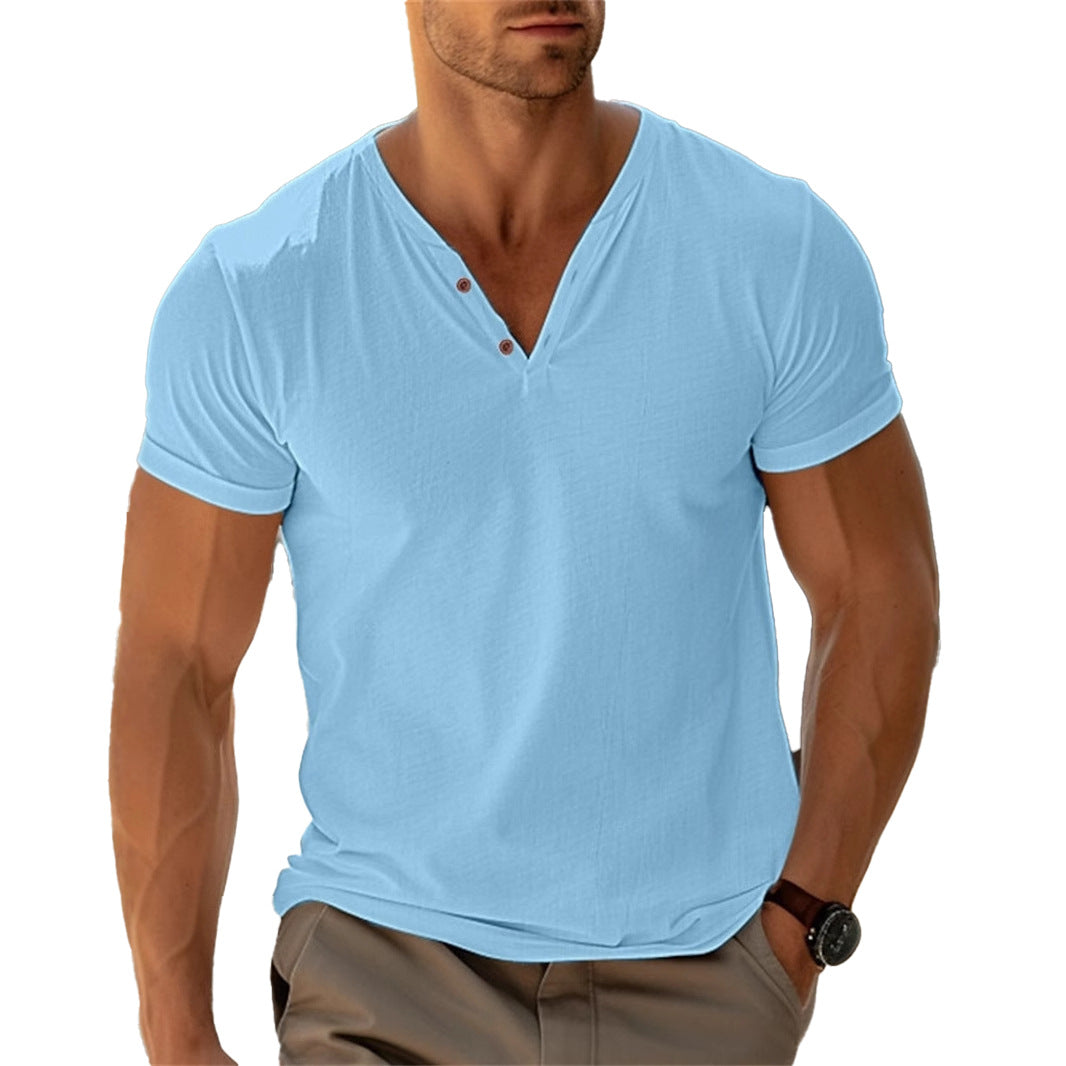 Herren nan tailliertes Henley-T-Shirt mit V-Ausschnitt kurzer Knopfleiste und krempelbaren Ärmeln Drune