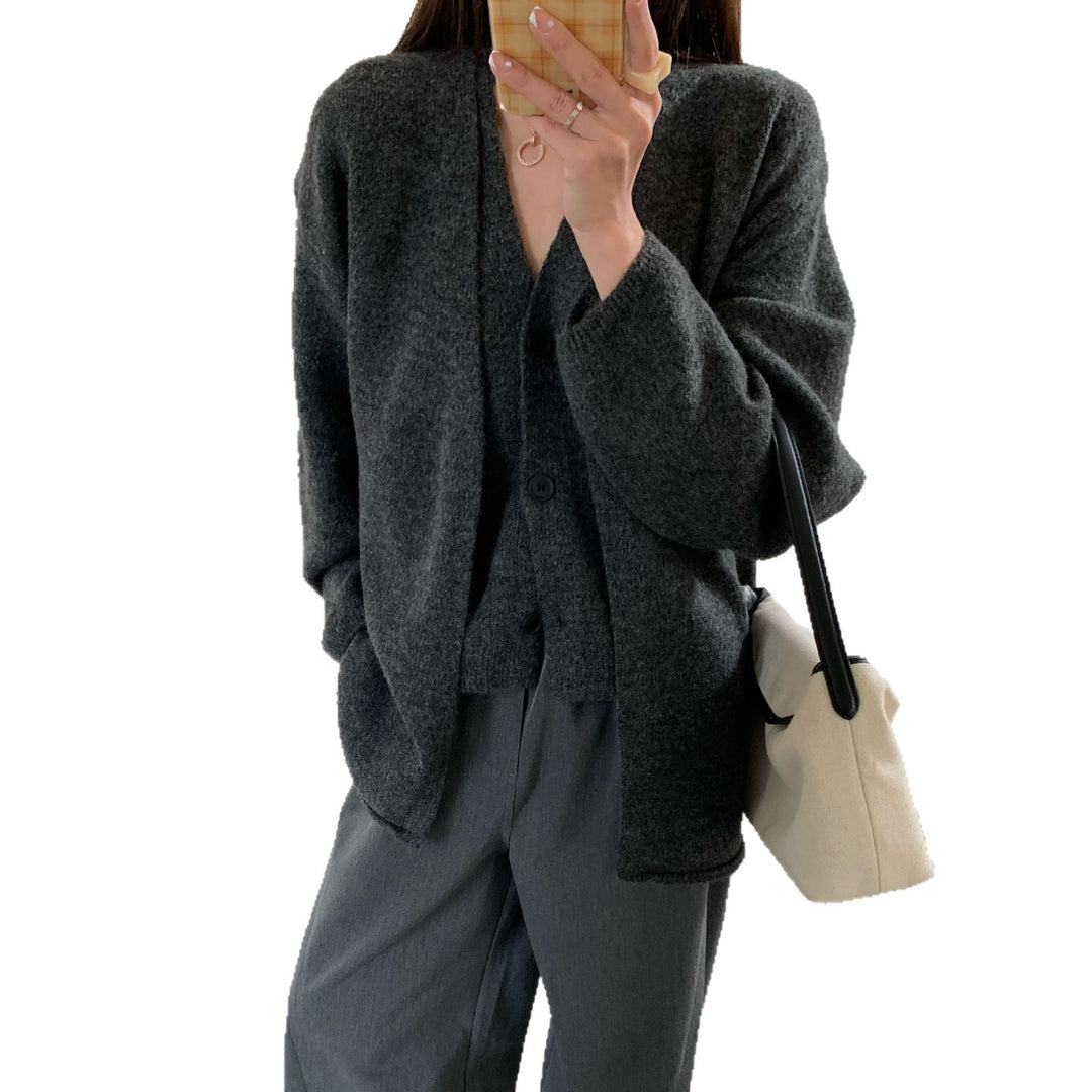 Damen Modische Strickjacke mit elegantem V-Ausschnitt und Knopfverschluss Drune
