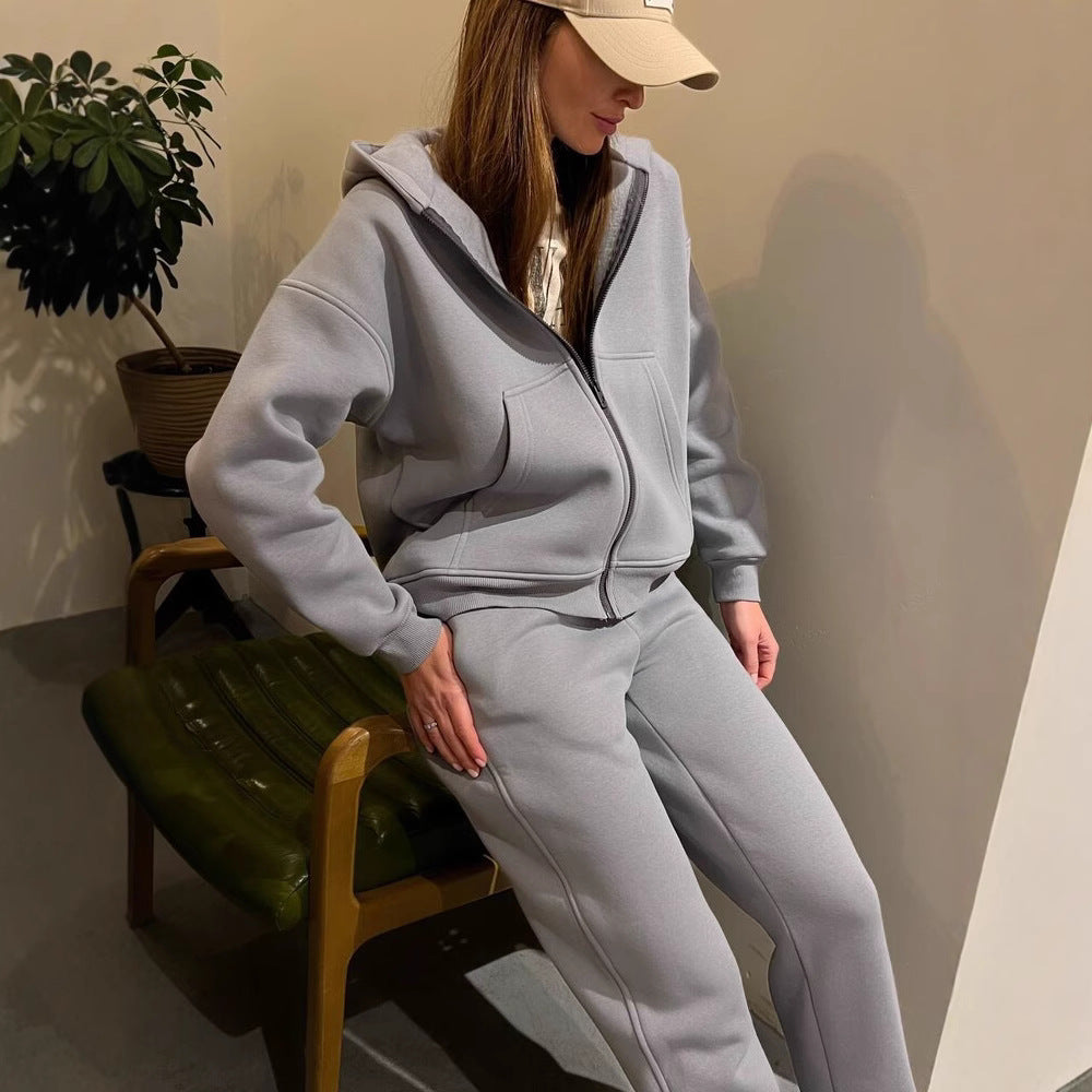 Damen lässiges Fleece-Zweiteiler mit Oversize-Kapuzenjacke und tapered Joggerhose Drune