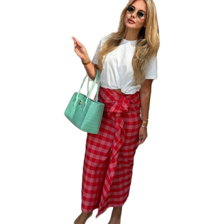 Damen Maxi-Rock mit Vichy-Karo, seitlicher Volant-Raffung & Wickel-Optik Drune