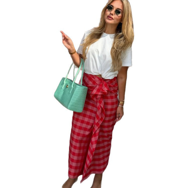 Damen Maxi-Rock mit Vichy-Karo, seitlicher Volant-Raffung & Wickel-Optik Drune