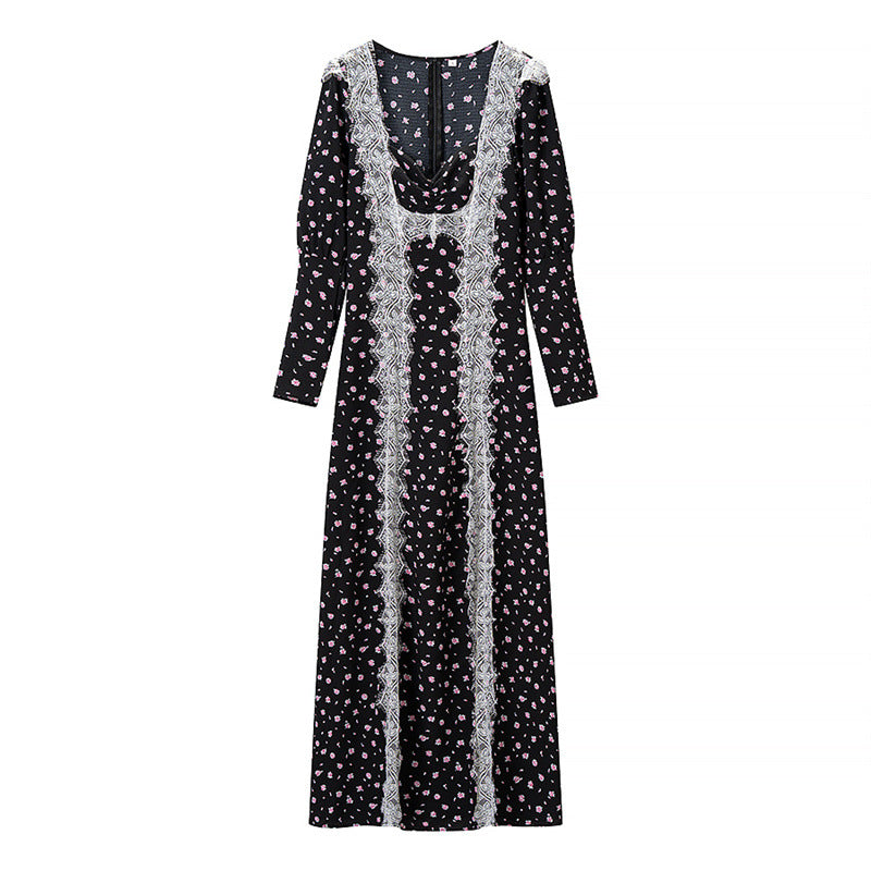 Damen Langärmeliges Maxikleid mit Spitzenborten, tiefem V‑Ausschnitt und floralem Alloverprint Drune