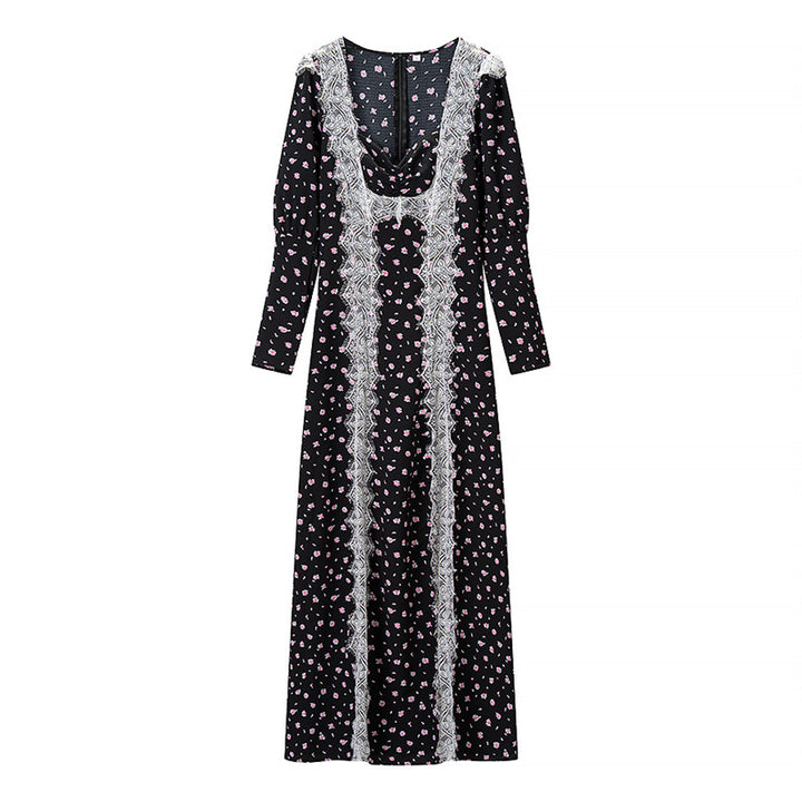 Damen Langärmeliges Maxikleid mit Spitzenborten, tiefem V‑Ausschnitt und floralem Alloverprint Drune