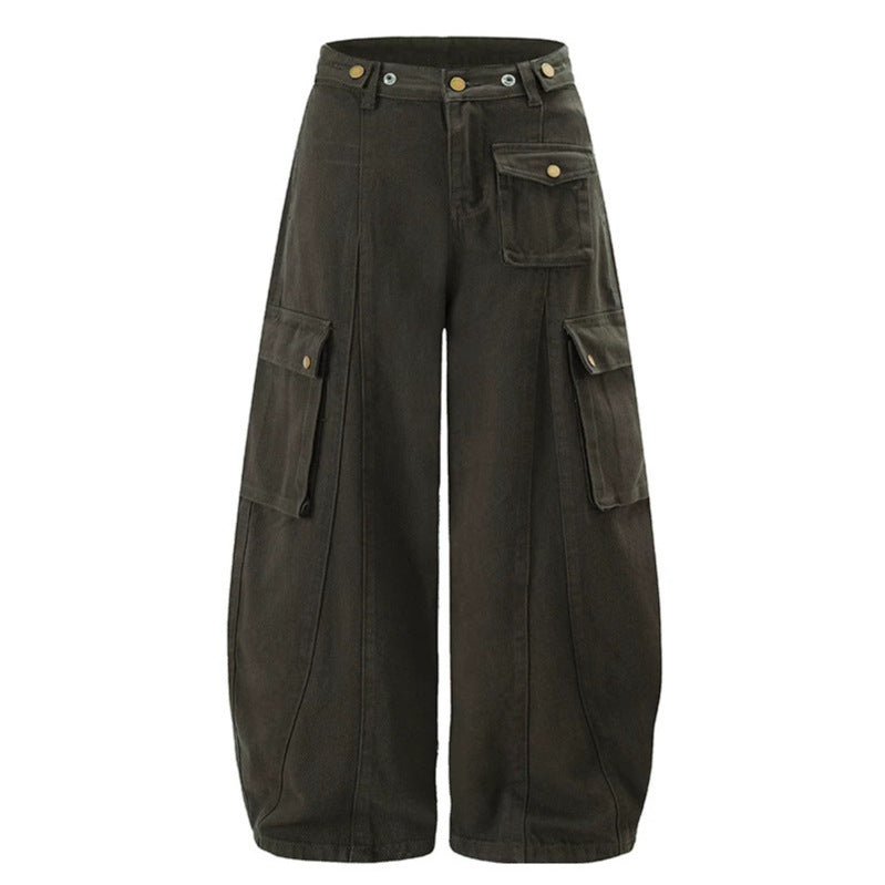 Damen Weite Cargo-Palazzo-Hose mit hohem Bund, Ballon-Saum und mehreren Klappentaschen Drune