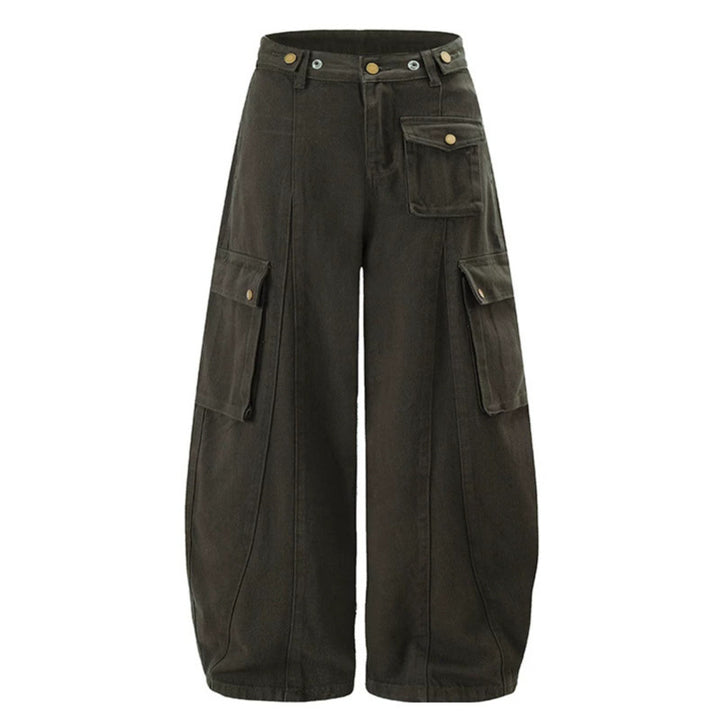 Damen Weite Cargo-Palazzo-Hose mit hohem Bund, Ballon-Saum und mehreren Klappentaschen Drune